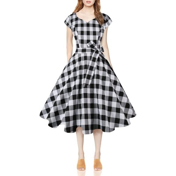 Women Vintage 1950s Dress Retro Cocktail Party Swing Dresses with Cap Sleeves - Picture 2 of 6